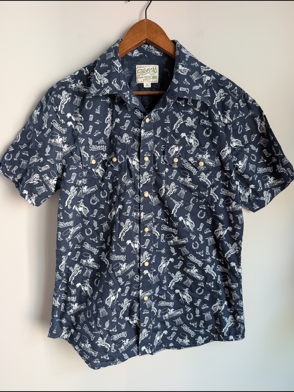 Tecovas Western Shirt Mens M Pearl Snap Blue Rodeo Print Western Short Sleeve